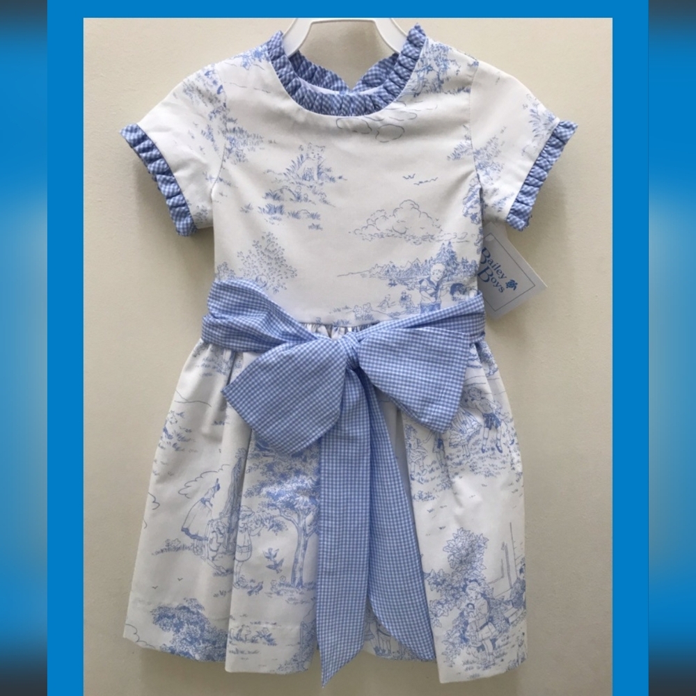 Bailey Boys Girls Blue Toile Dress | Gingham Tie | Size 7